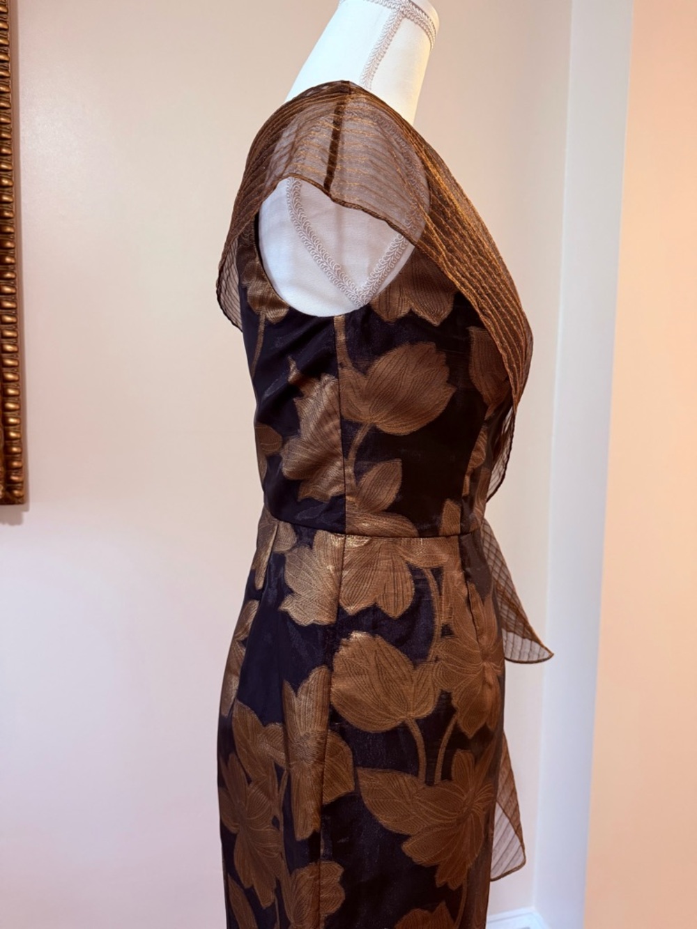 Theia One-Shoulder Black and Gold Floral Evening Gown - Picture 5 of 8
